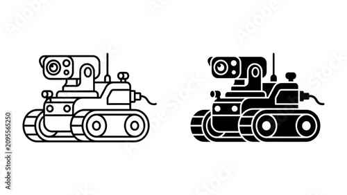 Foto Exploration Bot: A compact robot designed for exploration, featuring tracks for movement and a camera-equipped turret for observation