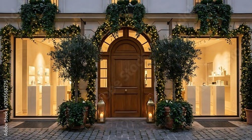 Elegant storefront entrance decorated for the holidays festive ambiance