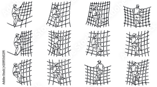 Konstfotografi Climbing Net Grid - Diverse Human Figures Ascending and Descending
