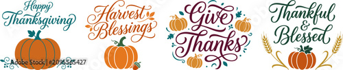 Foto Thanksgiving typographic illustrations with pumpkins and wheat stalks against a
