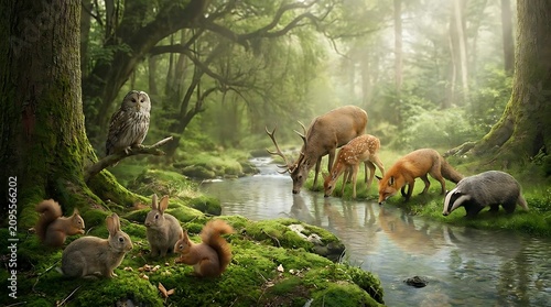 Enchanted forest scene with diverse wildlife gathering by a stream