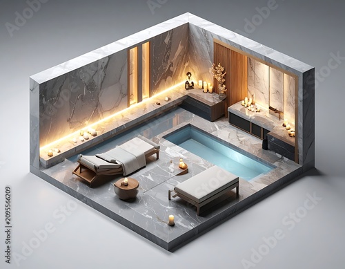 Modern indoor pool and lounge area.