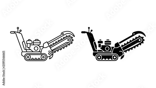 Foto Trenching Machine Icon: A stylized, two-tone illustration of a trench digging machine, showcasing its engine, cutting chain, and track-based locomotion