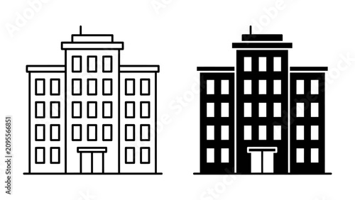 Building Icons: Two icons representing a modern building, one in outline and the other in solid black, showcasing architectural design.