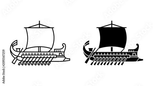 Ancient Greek Trireme Icons: A graphic depiction of an ancient Greek trireme warship, presented as both a black and white outline and a solid black silhouette.