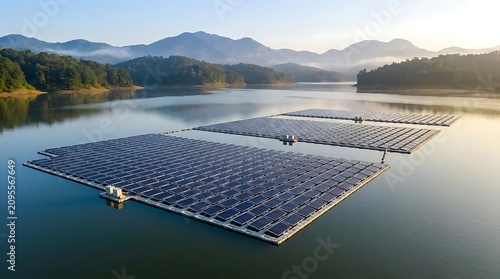 Expansive floating solar farm on calm lake with misty mountains background at sunrise