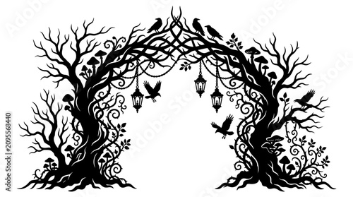 Mysterious Archway of Twisted Trees with Crows and Lanterns Silhouette