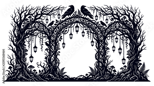 Enchanted Forest Archway with Ravens and Lanterns - Dark Silhouette Vector Art
