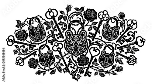Vintage Keys and Locks with Roses - Ornate Black and White Design