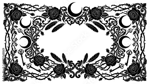 Gothic Floral Frame with Moon and Keys - Black Vector Art