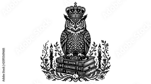 Mystical Owl King with Crown on Books, Candles, Skull - Occult Art Vector
