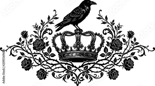 Black Crow Perched on Royal Crown with Roses and Thorns - Dark Vector Art