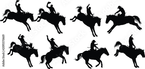 Tableau sur toile Cowboy Rodeo Horse Riding Silhouette Set with Bucking Horses Western Ranch Vecto