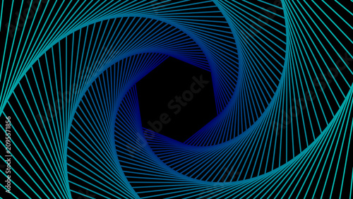 Infinite Recursive Hexagonal Spiral Tunnel Wireframe Background on Black