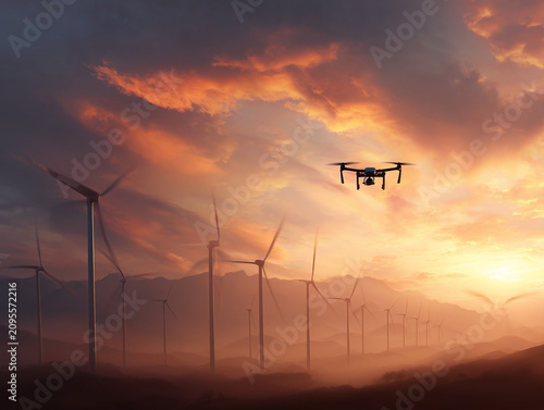 Drone flying over wind turbines at sunset for energy inspection