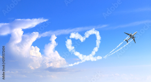 Horizontal background with airplane drawing heart in sky. Jet flight route of aircraft in shape of a heart. Heart-shaped flight path drawn by a plane. Topic of holiday, travel, trip abroad on vacation