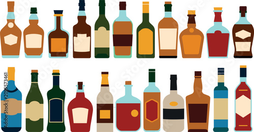 Obraz na plátně Vector illustration collection of diverse alcohol bottles featuring whiskey rum vodka gin wine and liquor isolated on white background