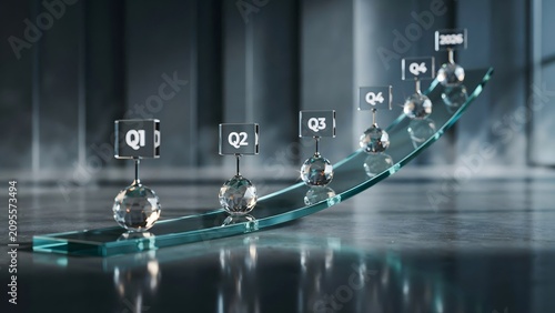 Translucent glass timeline ribbon with crystal milestone spheres – Suitable for executive board presentations, annual corporate reports, or glass architecture ideas.