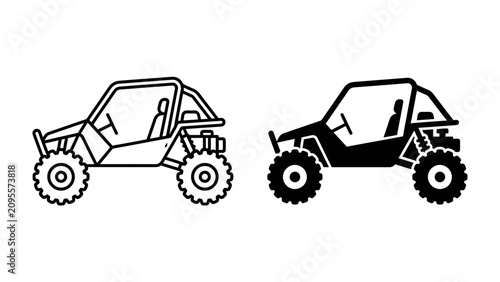 Off-Road Buggy Icons: Two distinct icons of a rugged off-road buggy, one rendered in outline and the other in solid silhouette, showcasing its powerful build and adventurous spirit.