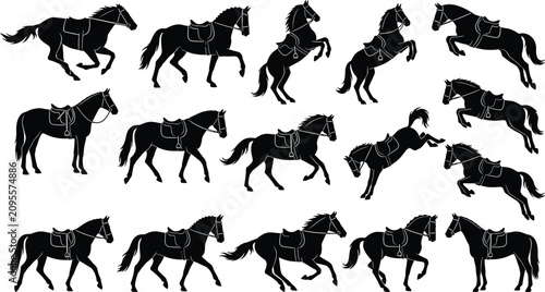 Fotografie Equestrian Horse Silhouette Collection Featuring Rearing Jumping Galloping and T