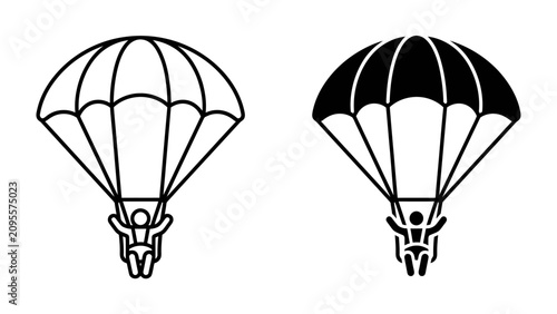 Bild auf Leinwand Parachuting Icons: A duo of graphic icons depict a person descending with a parachute, one in outline style and the other in silhouette, representing the sport and adventure of skydiving