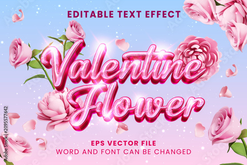 Valentine flower glossy pink 3d editable vector text effect. Valentine's day text style