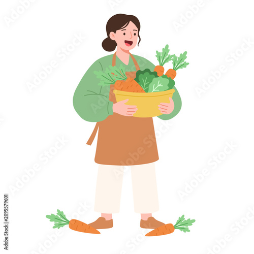 Smiling woman in apron holding a basket of fresh organic vegetables. Healthy eating, gardening, and natural food concept illustration.