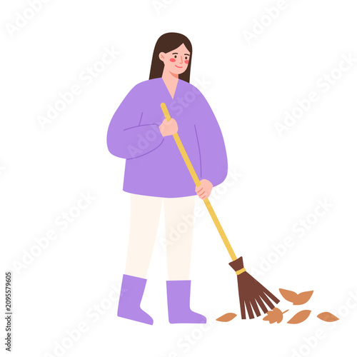 Smiling woman sweeping autumn leaves with a broom, performing fall season yard work. Flat vector illustration of outdoor cleaning.