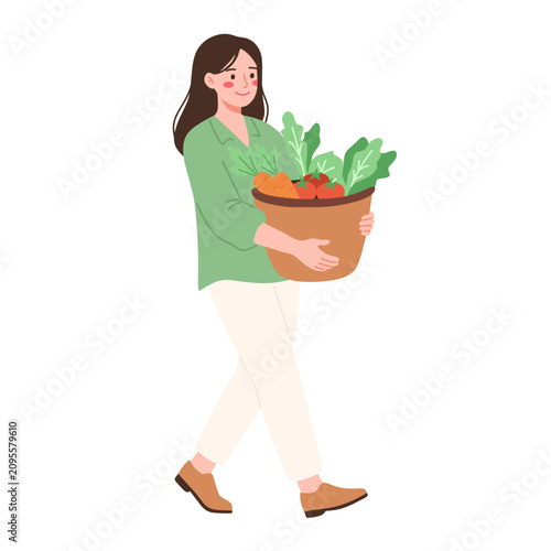 Happy Woman Carrying Basket of Fresh Vegetables. Healthy Eating, Organic Food & Sustainable Lifestyle.
