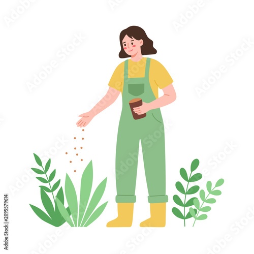 Woman planting seeds in garden. Flat vector illustration of gardening, farming, and sustainable agriculture concept.