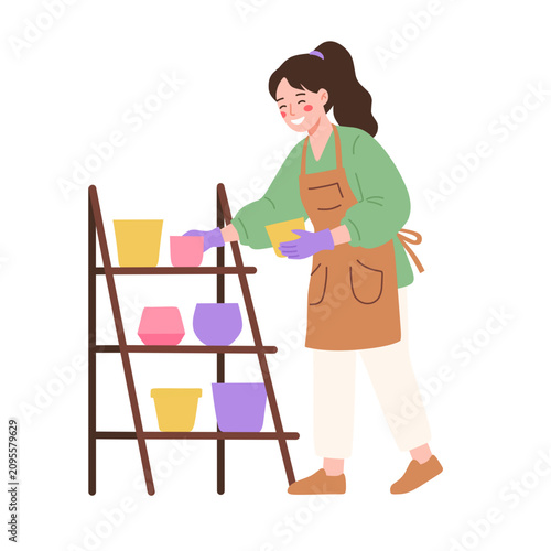 Smiling Woman Arranging Colorful Plant Pots on Shelf. Home Gardening Hobby & Plant Care Illustration.