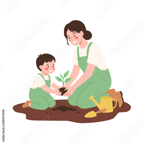 Happy Mother and Child Planting a Seedling Together. Family Gardening Activity, Nature Education, and Environmental Care.