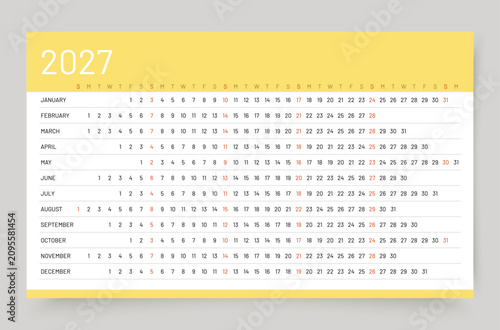 Calendar 2027 year. Linear planner. Horizontal yearly calender template. Timetable grid with 12 month. Week starts Sunday. Desk monthly schedule. Annual organizer layout for table. Vector illustration