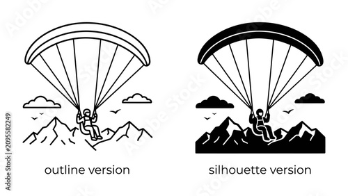 Foto Paragliding Duo: Two stylized figures in silhouette and outline engage in paragliding, soaring above majestic mountain peaks under a cloudy sky, capturing the thrill of aerial adventure
