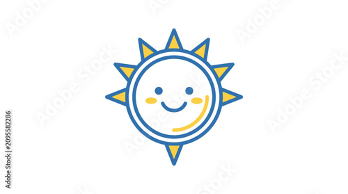 A simple vector illustration of a cheerful sun character with a bright yellow and blue color palette