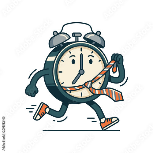 A cartoon alarm clock character runs quickly while wearing a striped necktie