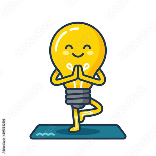 A cute yellow light bulb character practices yoga on a mat
