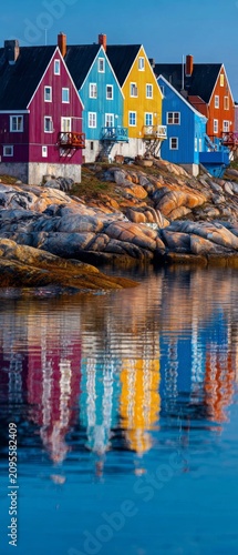 Colorful coastal charm amid greenland's natural beauty. Thriller poster. Greenland's llulissat: where bright colors meet icy seas. Poster illustration. Promotional poster.