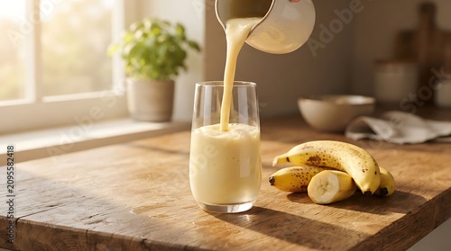 Pouring banana smoothie in a sunny kitchen