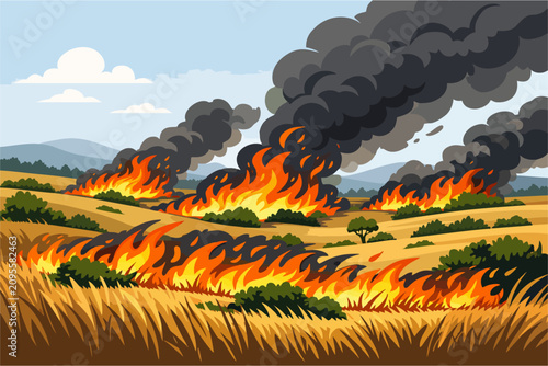 Konstfotografi Wild Grassland Fire with Thick Smoke and Burning Landscape, Disaster Vector Illu
