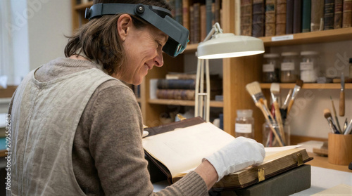 Woman archivist wearing magnifying headset examining old book in library. Professional restorer using tools for document preservation. Conservation of rare literature and antique collection