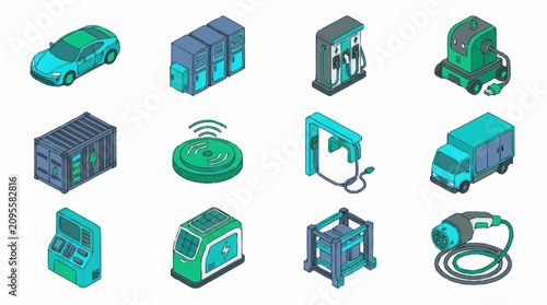 Isometric Vector Icons of Industrial and Transportation Vehicles and Equipment.