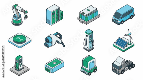 Isometric icons of industry technology and transportation.
