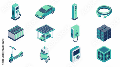 Flat Design Icons for Electric Vehicles and Renewable Energy.