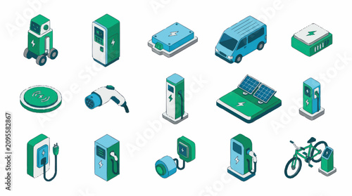 Electric Vehicle Charging Stations and Green Energy Icons.