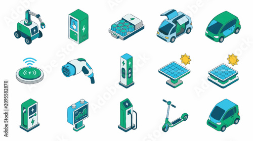 Flat Design Icons for Electric Vehicles and Technology.