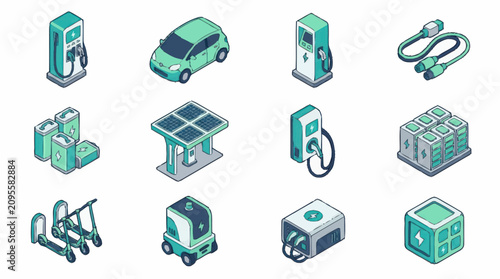 Flat Design Electric Vehicle Charging Station Icons Set.
