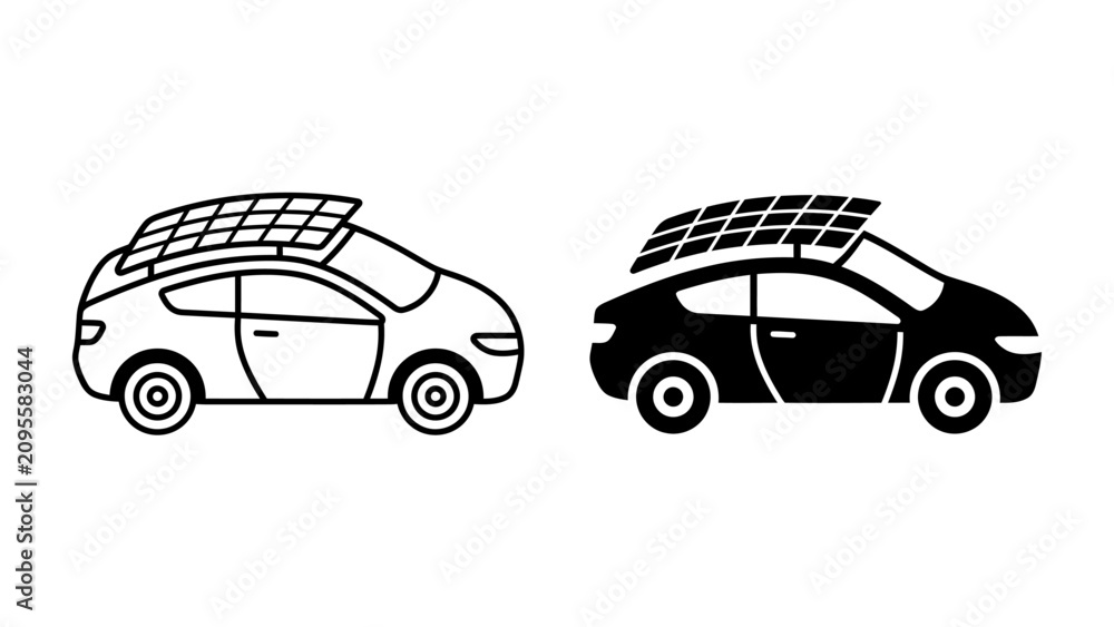 Fototapeta premium Solar Car Icon: Two stylized icons of a car equipped with solar panels on its roof, representing eco-friendly transportation and renewable energy.