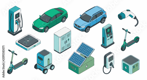 Electric vehicles and charging stations illustration set.