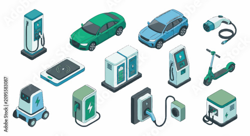 Electric Vehicle Charging Stations and Green Transportation Icons.